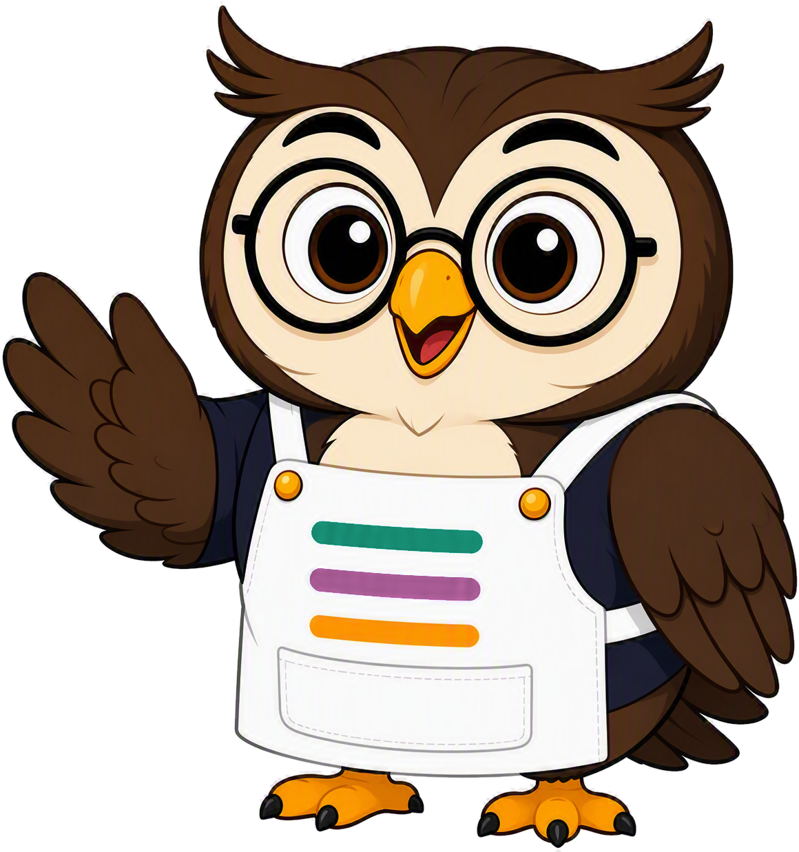 Bagsworth, the JollySimple owl, waving in a striped apron